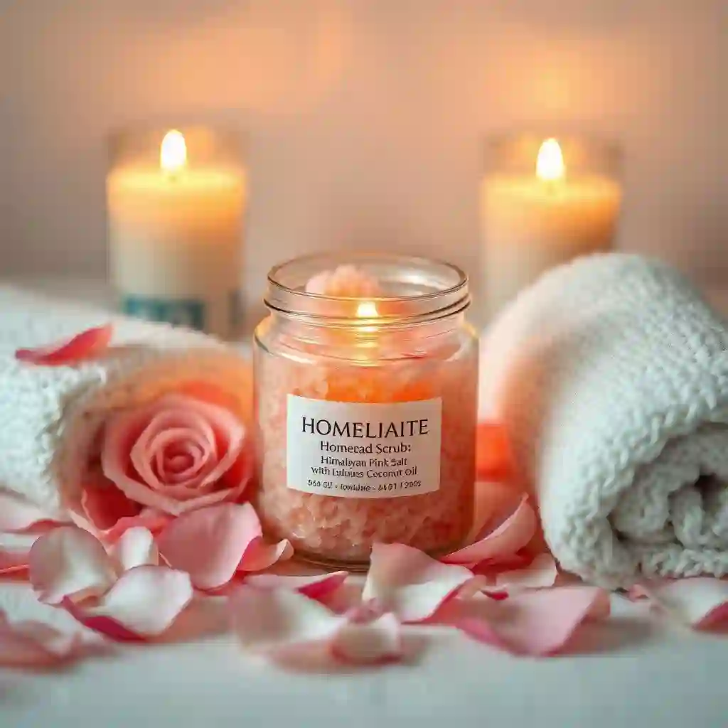 sal rosada del Himalaya con aceite de coco, rodeado de pétalos de rosa, toallas suaves y velas encendidas en un acogedor ambiente de spa