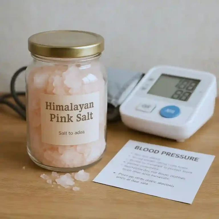 Un frasco de sal rosada del Himalaya presión arterial una mesa de cocina natural,