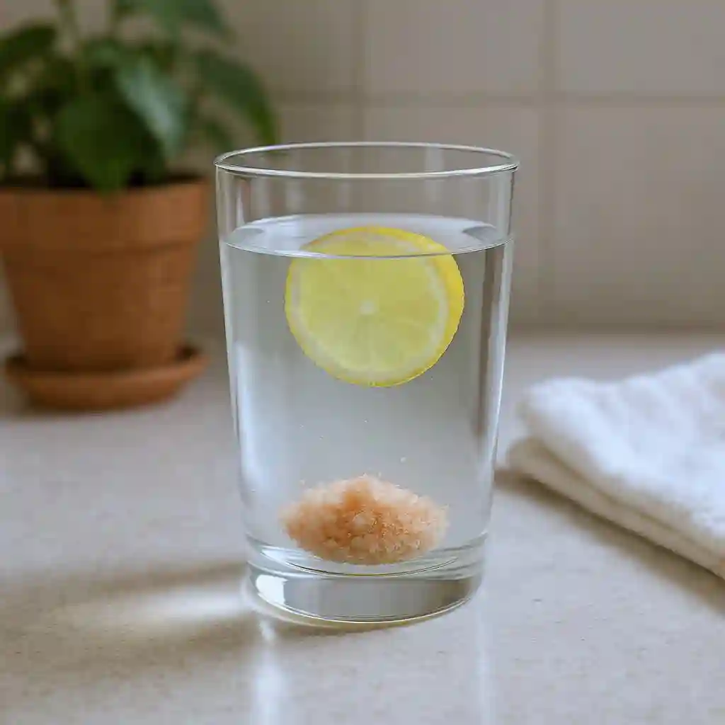 Un vaso de agua tibia con una pizca de sal rosada y limón en una encimera de cocina sal rosada del Himalaya digestión
