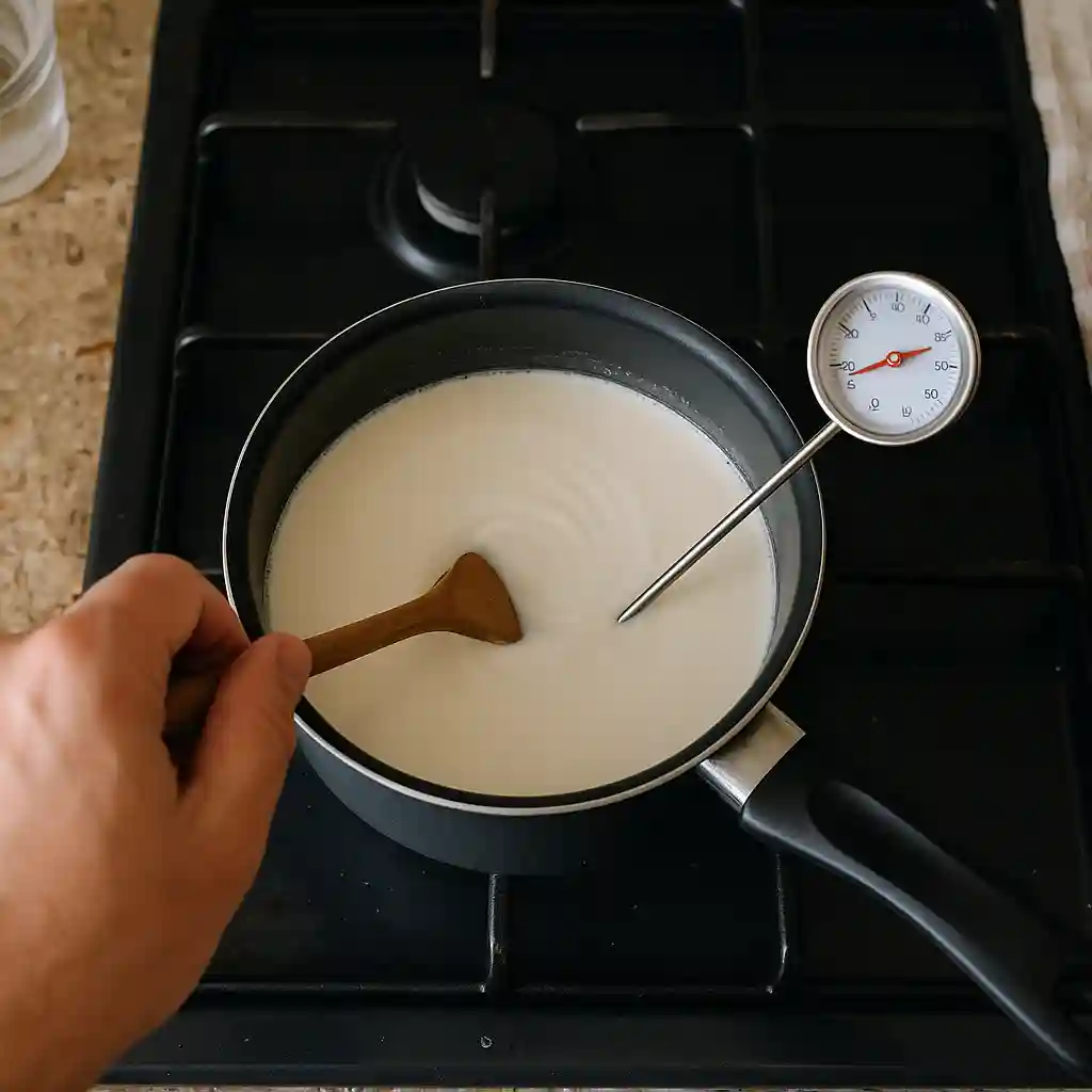 Calentando leche y nata para yogur griego