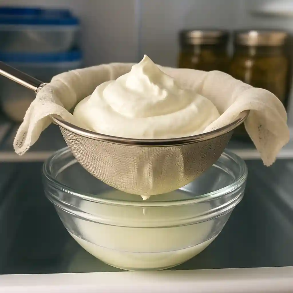 Yogur colándose para obtener textura griega