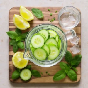 Agua de pepino glass pitcher with cucumber slices, lemon wedges, mint leaves, ice cubes, and water