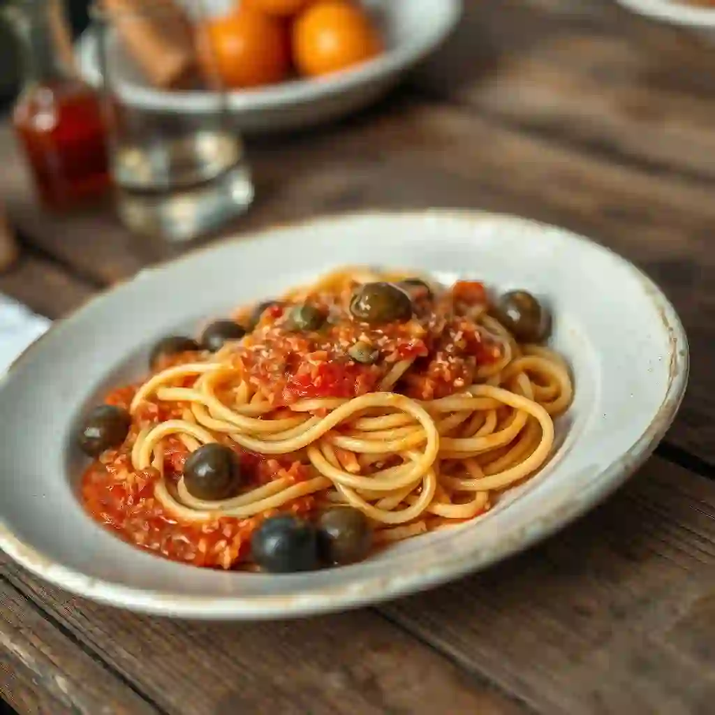 Plato de pasta alla Puttanesca tradicional con aceitunas y alcaparras