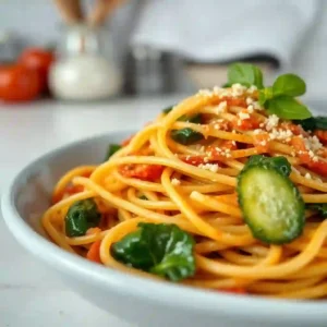 Pasta alla puttanesca saludable con pasta integral y vegetales