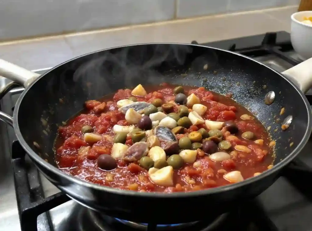salsa puttanesca en preparación