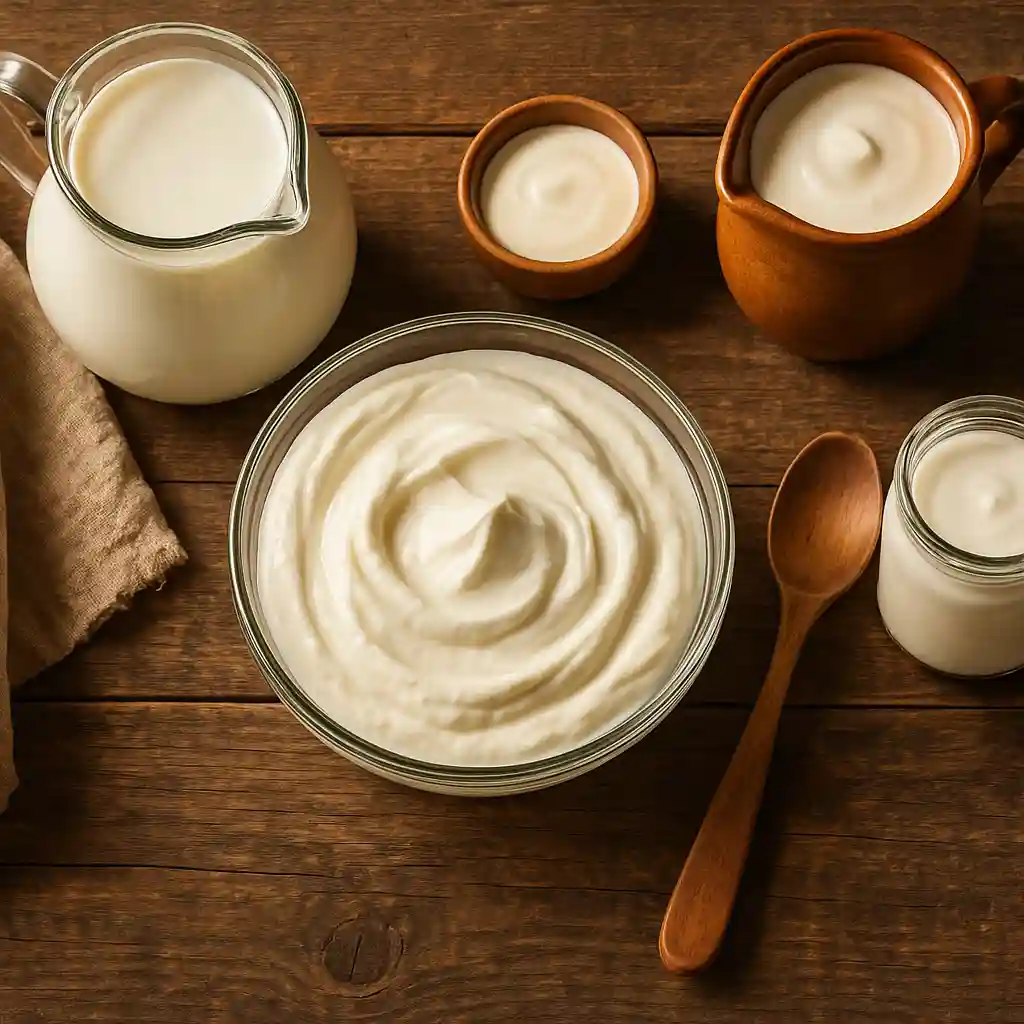 Yogur griego casero sobre mesa rústica