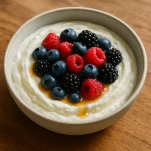 Yogur griego casero servido con frutas y miel
