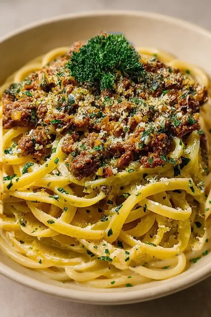 linguini cremoso de carne con parmesano servido en plato hondo