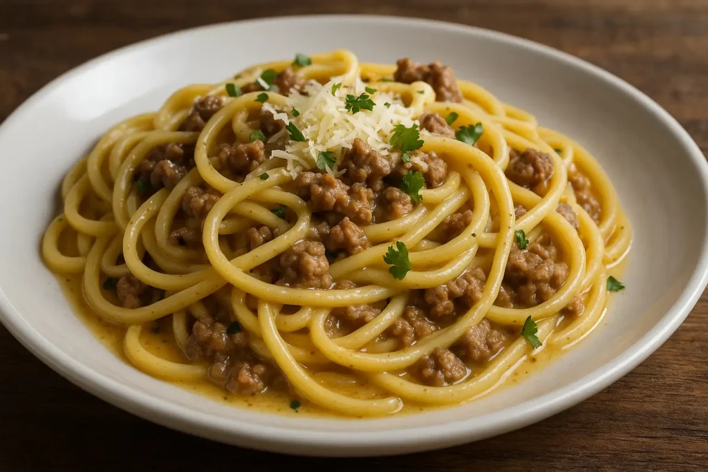linguini cremoso de carne con parmesano y salsa de mantequilla y ajo