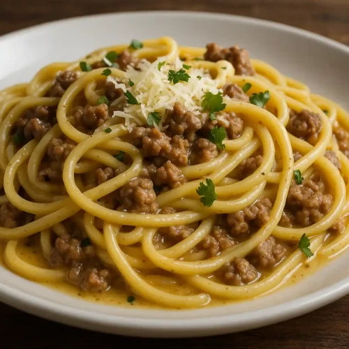 linguini cremoso de carne con parmesano y salsa de mantequilla y ajo