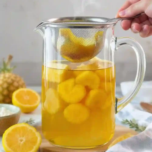 Colado del té de cáscara de piña en jarra de vidrio