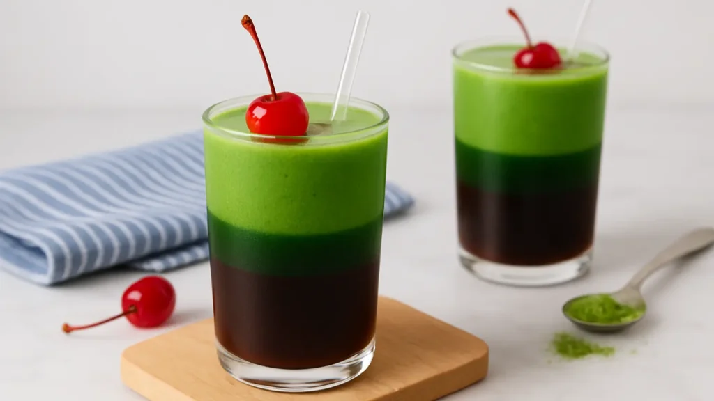 Refresco de Cereza y Matcha servido en vaso de cristal