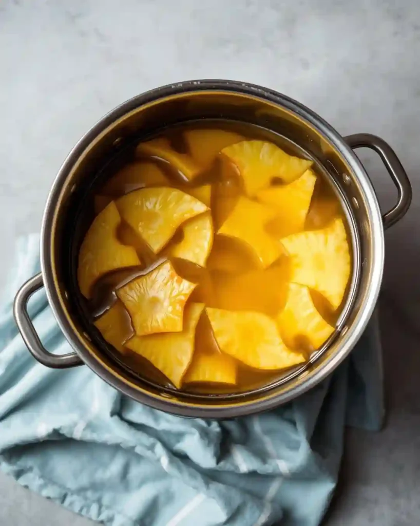 Cáscaras de piña hirviendo en olla con miel