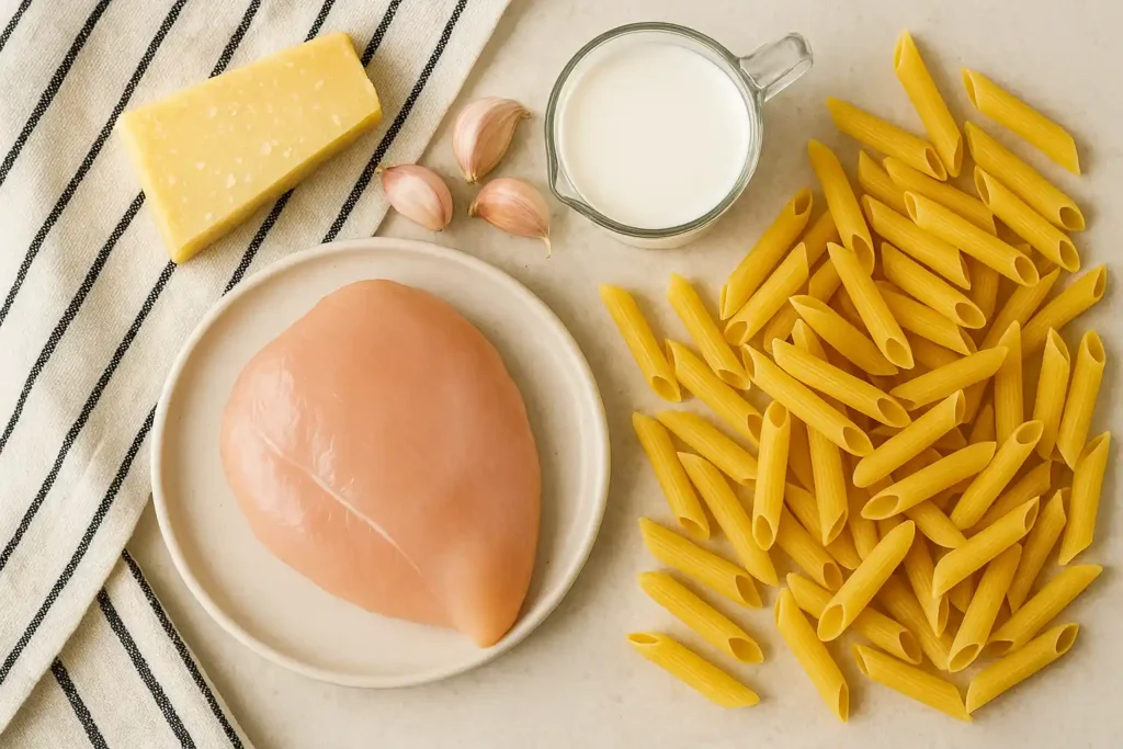 Ingredientes para pollo cremoso con ajo y parmesano y pasta penne con queso