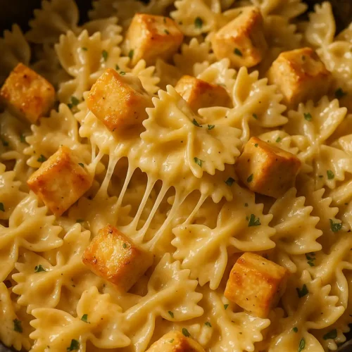 montaje de pasta cremosa de pollo con Velveeta y mozzarella en sartén