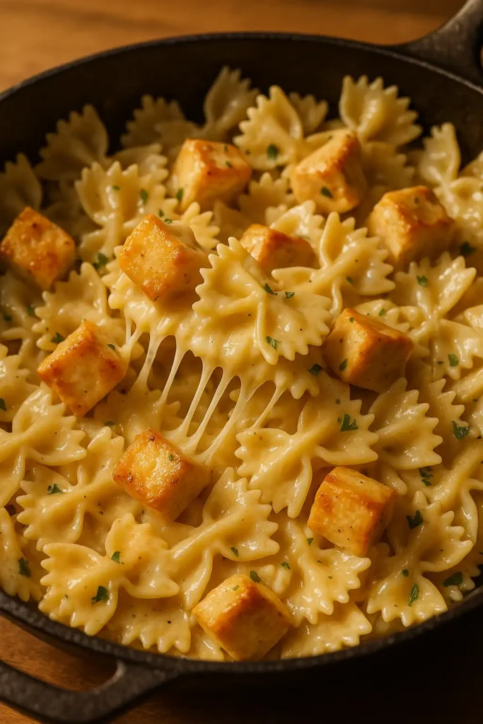 montaje de pasta cremosa de pollo con Velveeta y mozzarella en sartén