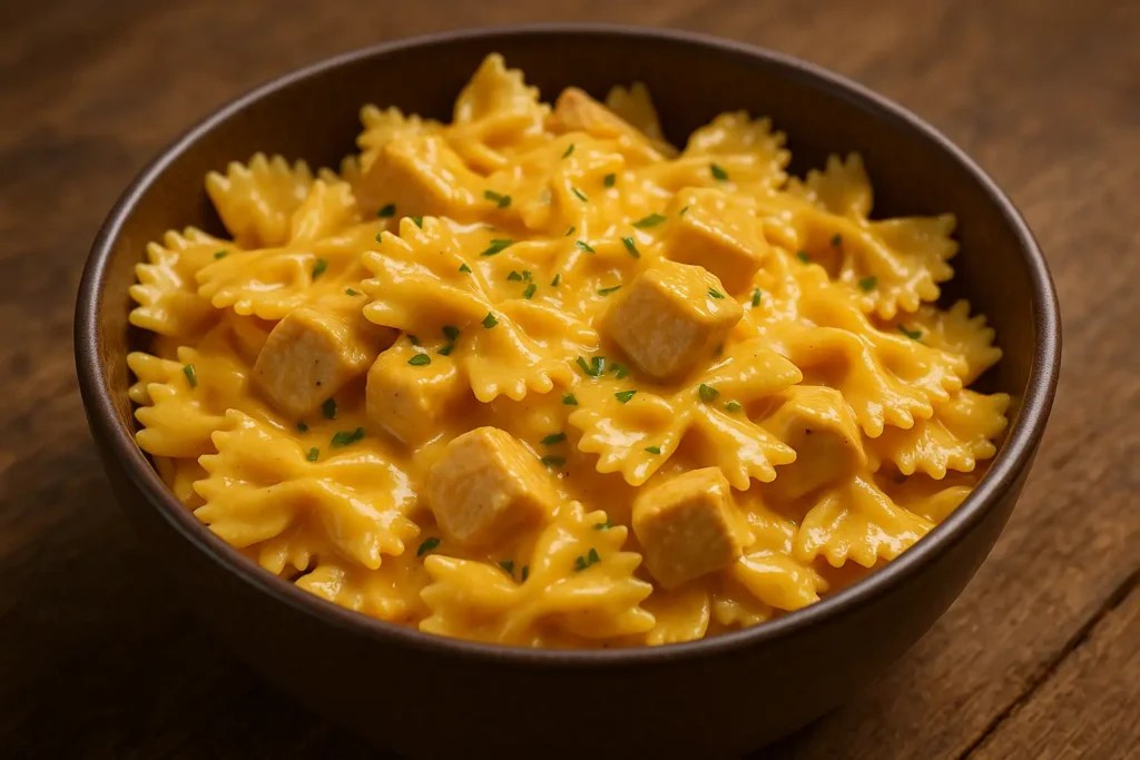 pasta cremosa de pollo con Velveeta y mozzarella en plato hondo casero