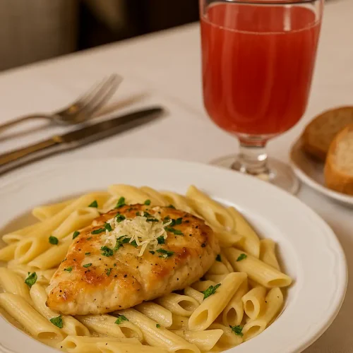 Plato servido de pollo cremoso con ajo y parmesano y pasta penne con queso