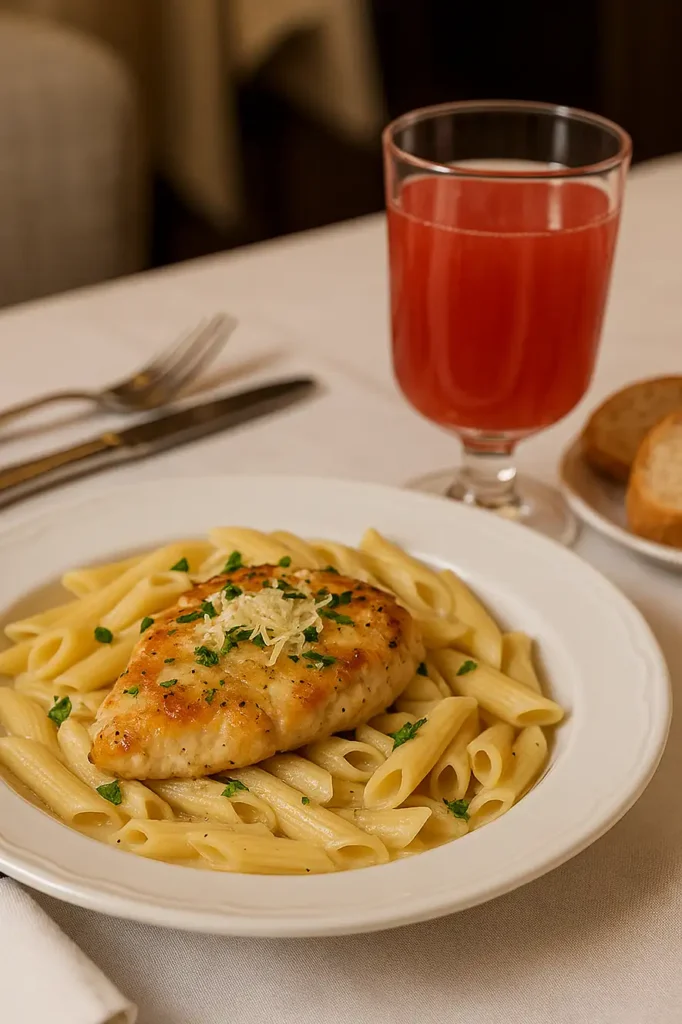 Plato servido de pollo cremoso con ajo y parmesano y pasta penne con queso