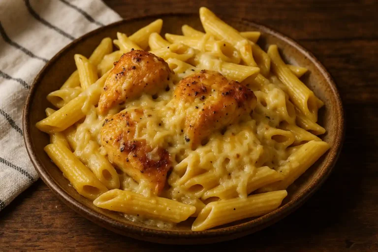 Pollo cremoso con ajo y parmesano y pasta penne con queso