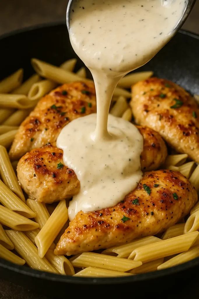Preparación de salsa cremosa de ajo y parmesano para pollo con pasta penne