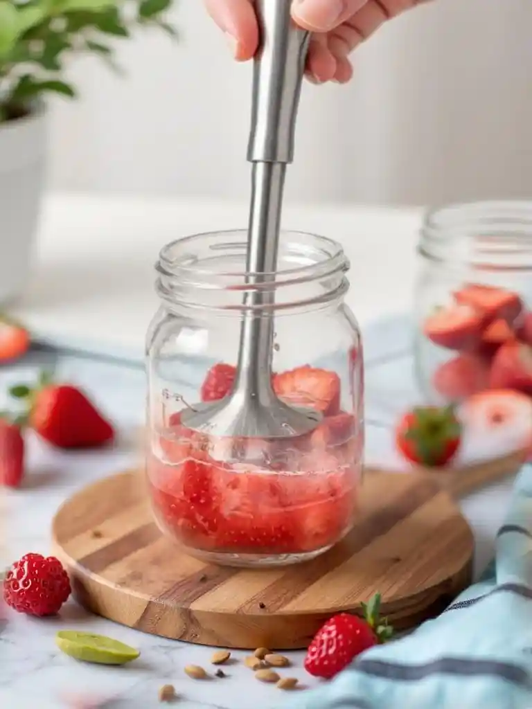 Preparación de té de fresa con leche frío con boba