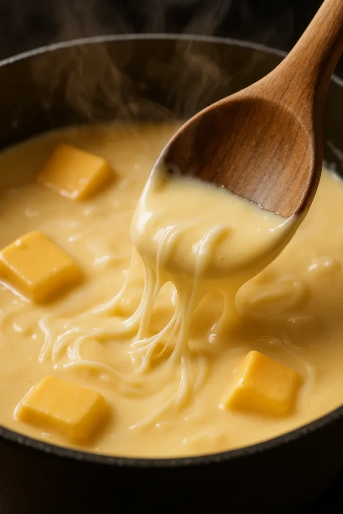 salsa cremosa de Velveeta y mozzarella derritiéndose en sartén