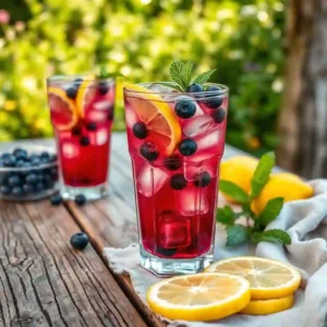 é helado de arándanos servido con hielo y limón