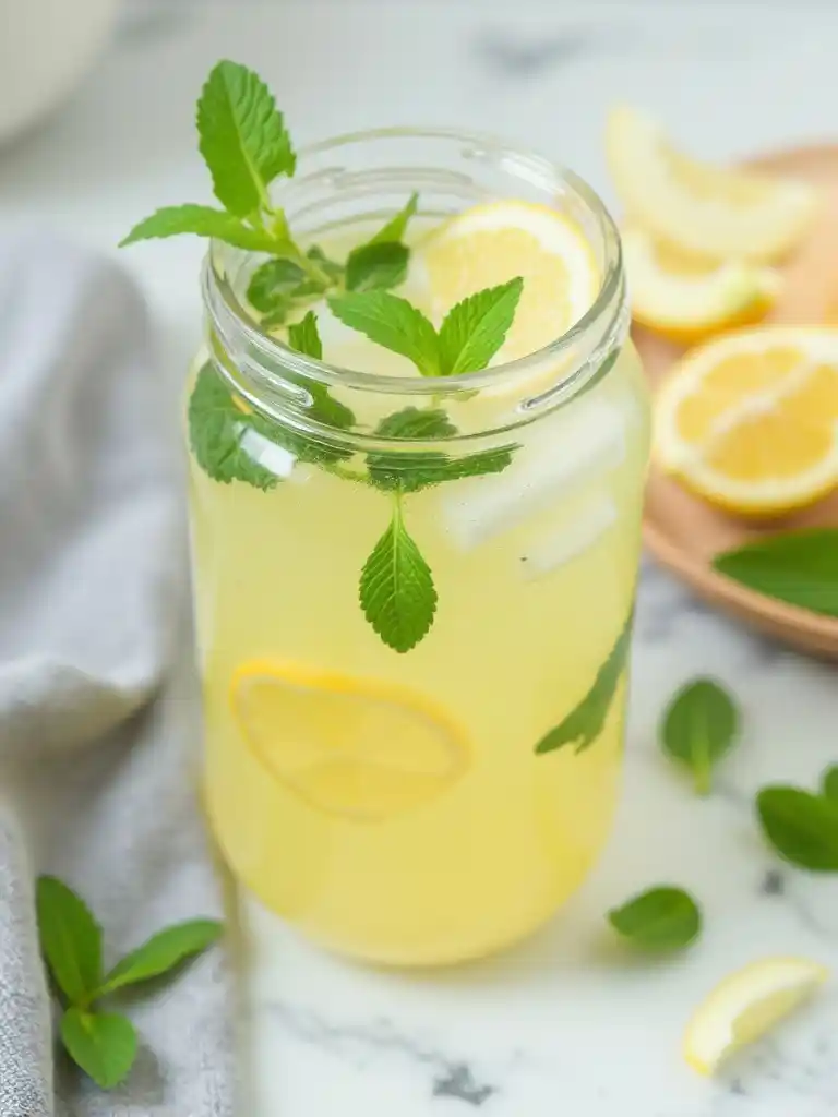 Vaso de té verde con menta servidos