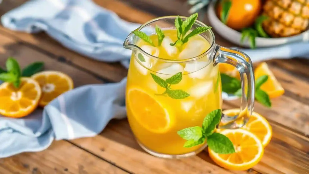 Jarra de té de cáscara de piña servida con hielo