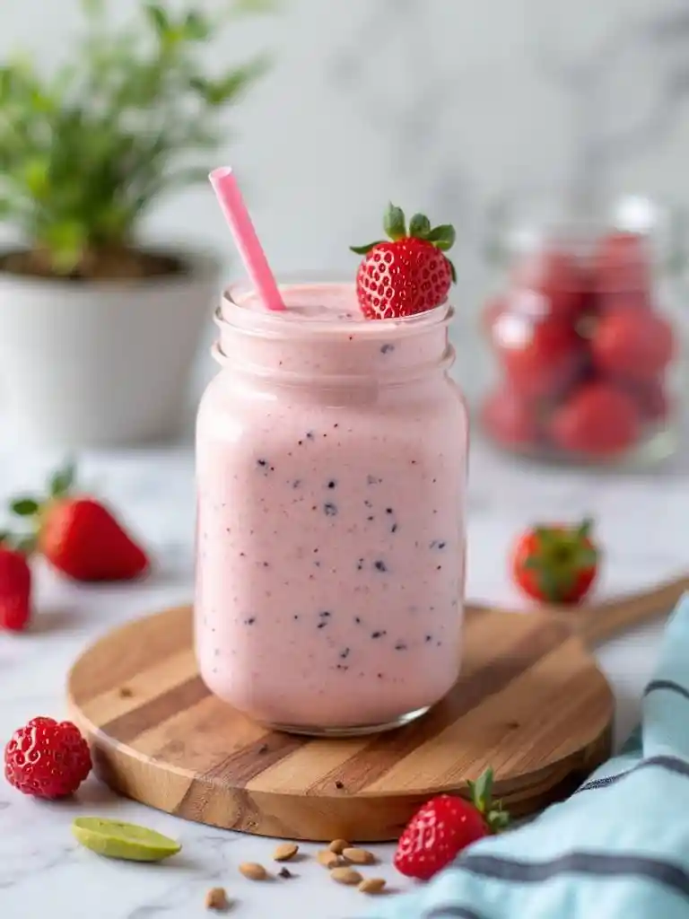 Té de fresa con leche en vaso alto con fresas y boba1