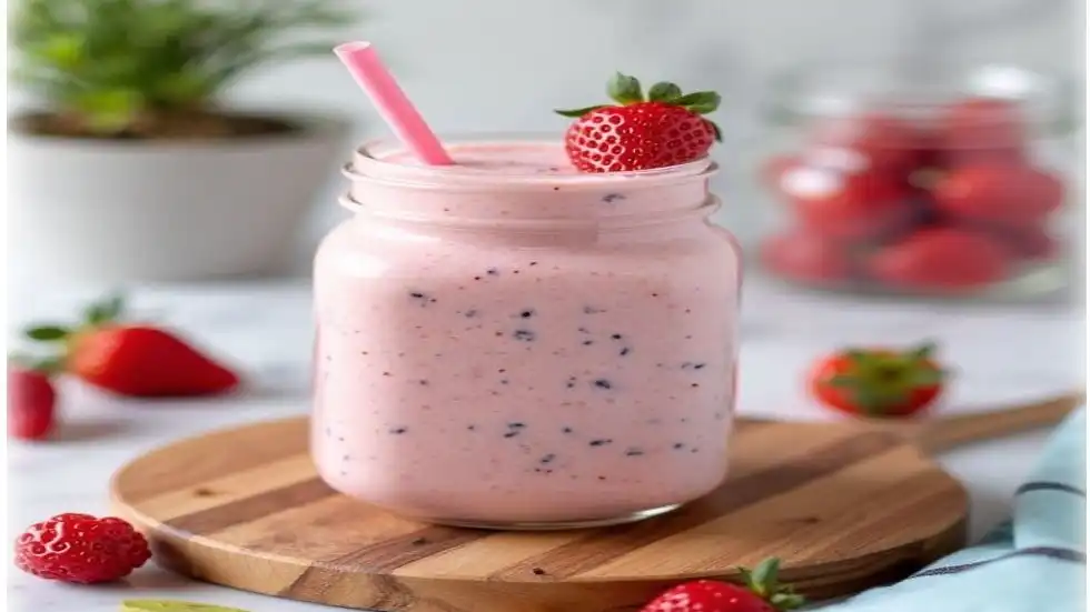 Té de fresa con leche en vaso alto con fresas y boba