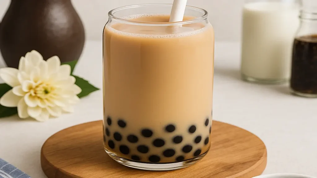 Té Earl Grey con leche y boba casero servido con pajita grande