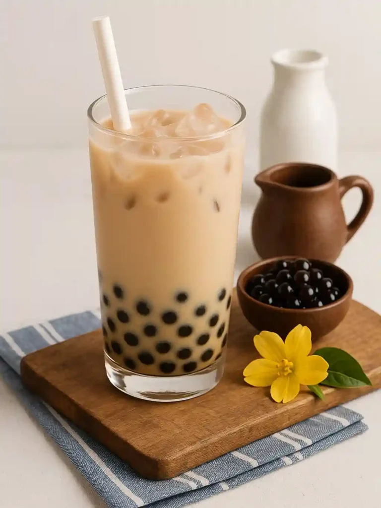Té Earl Grey con leche y boba servido estilo bubble tea