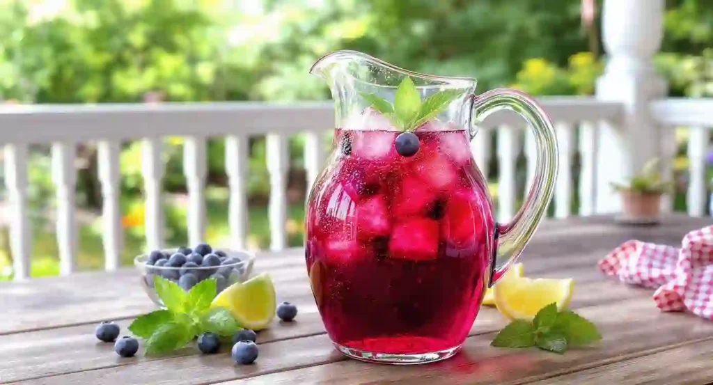 Té helado de arándanos casero en jarra de vidrio