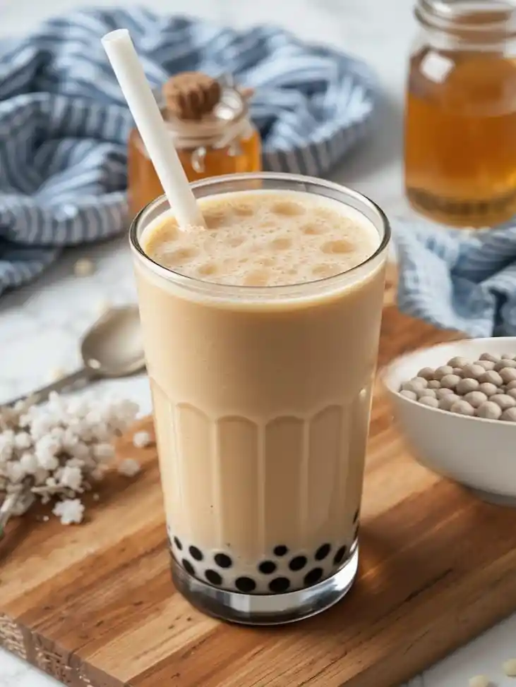 Preparación de té con leche y caramelo frío