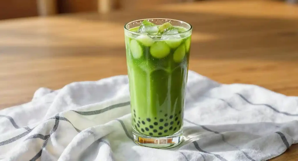Té matcha con leche y boba servido frío