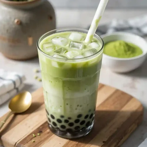 Té matcha con leche y boba servido frío2