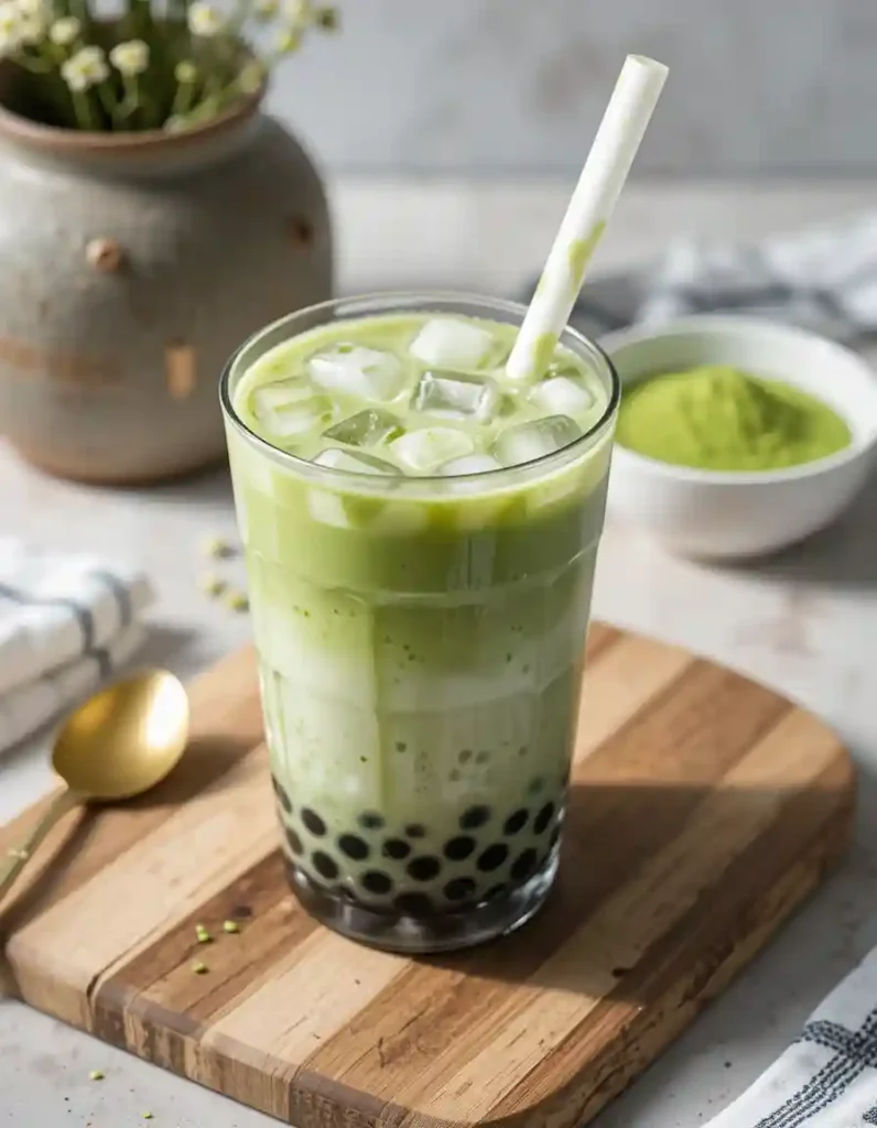 Té matcha con leche y boba servido frío2