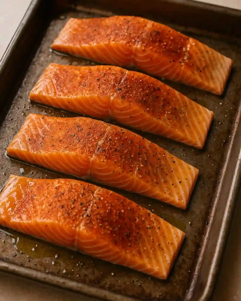 Bandeja de hornear con filetes de salmón crudos salmón Bang Bang