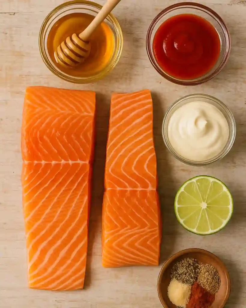 Composición flat lay de ingredientes frescos para preparar salmón Bang Bang