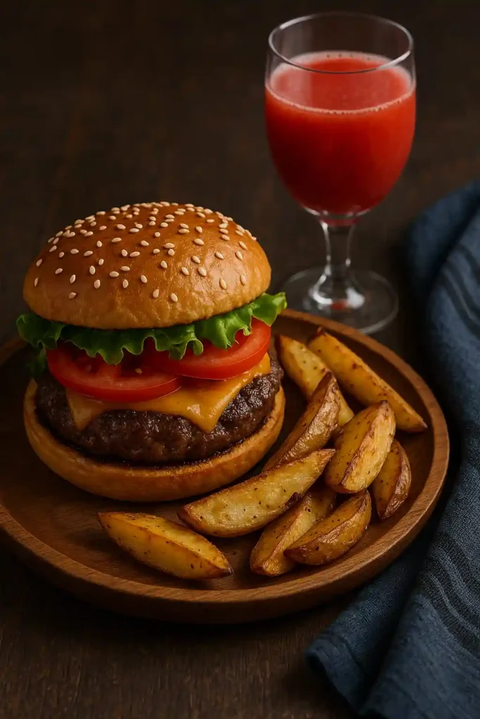 Hamburguesas de venado con papas rústicas y copa de vino tinto_