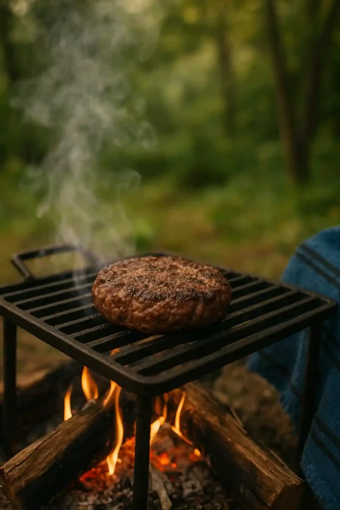 Hamburguesas de venado en parrilla de leña al aire libre_