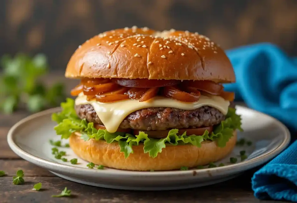 Hamburguesa de venado gourmet con queso azul y cebolla caramelizada