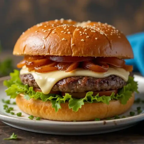 Hamburguesa de venado gourmet con queso azul y cebolla caramelizada