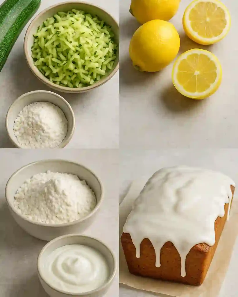 Ingredientes frescos de calabacín y limón junto al pastel terminado con glaseado casero.