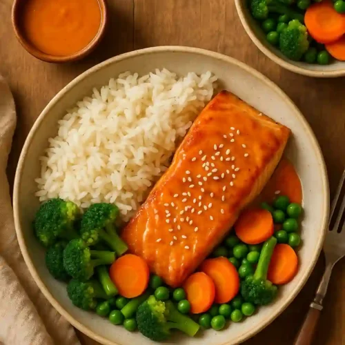 Mesa servida con salmón Bang Bang acompañado_