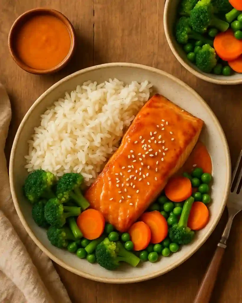 Mesa servida con salmón Bang Bang acompañado_