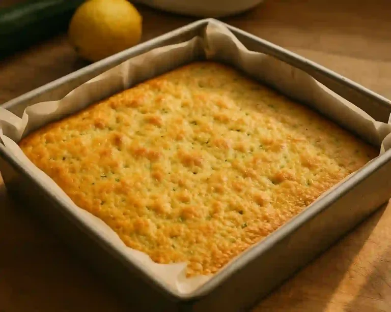 Pastel de calabacín y limón recién horneado en un molde cuadrado, con superficie dorada y textura esponjosa.