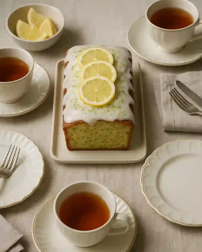 Pastel de calabacín y limón servido en un brunch, acompañado de té y vajilla elegante.